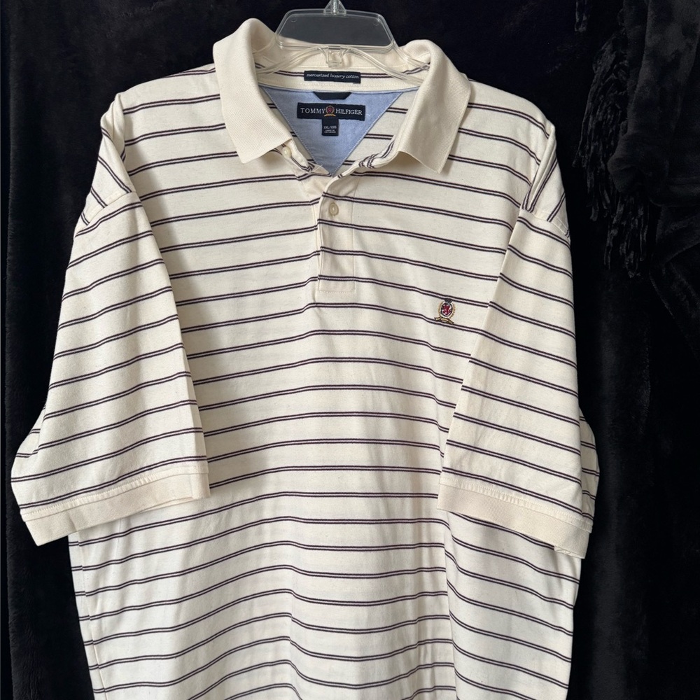Big and Tall Tommy Hilfiger Men's Cream and Brown Striped Polo Shirt